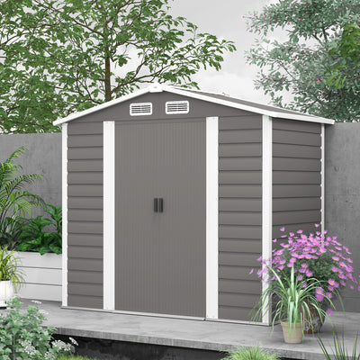 Outsunny 7 x 4ft Garden Shed, Easy to Assemble, Upgraded Galvanised Steel Frame with Foundation Kit, Double Doors with Lock, Outdoor Metal Shed with Vents and Gloves, Garden Storage Shed, Light Grey 