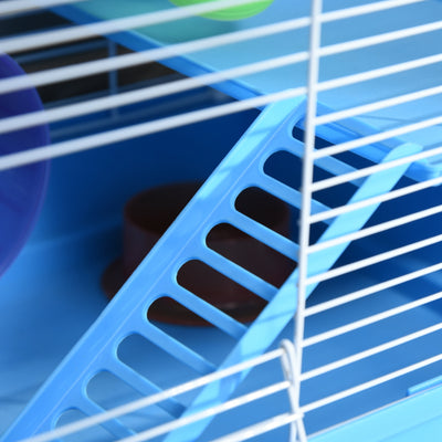 Pawhut 2 Tier Hamster Cage, Gerbil Cage with Handle, Exercise Wheels, Tunnel, Tube, Water Bottle, Dishes, Ladder, for Dwarf, Blue 