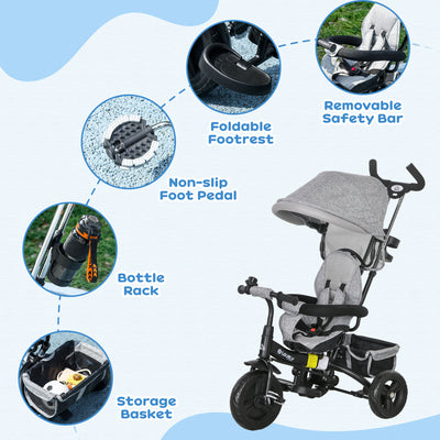 HOMCOM 6 in 1 Kids Trike Push Bike w/ Push Handle, Canopy, 5-point Safety Belt, Storage, Footrest, Brake, for 1-5 Years, Grey 