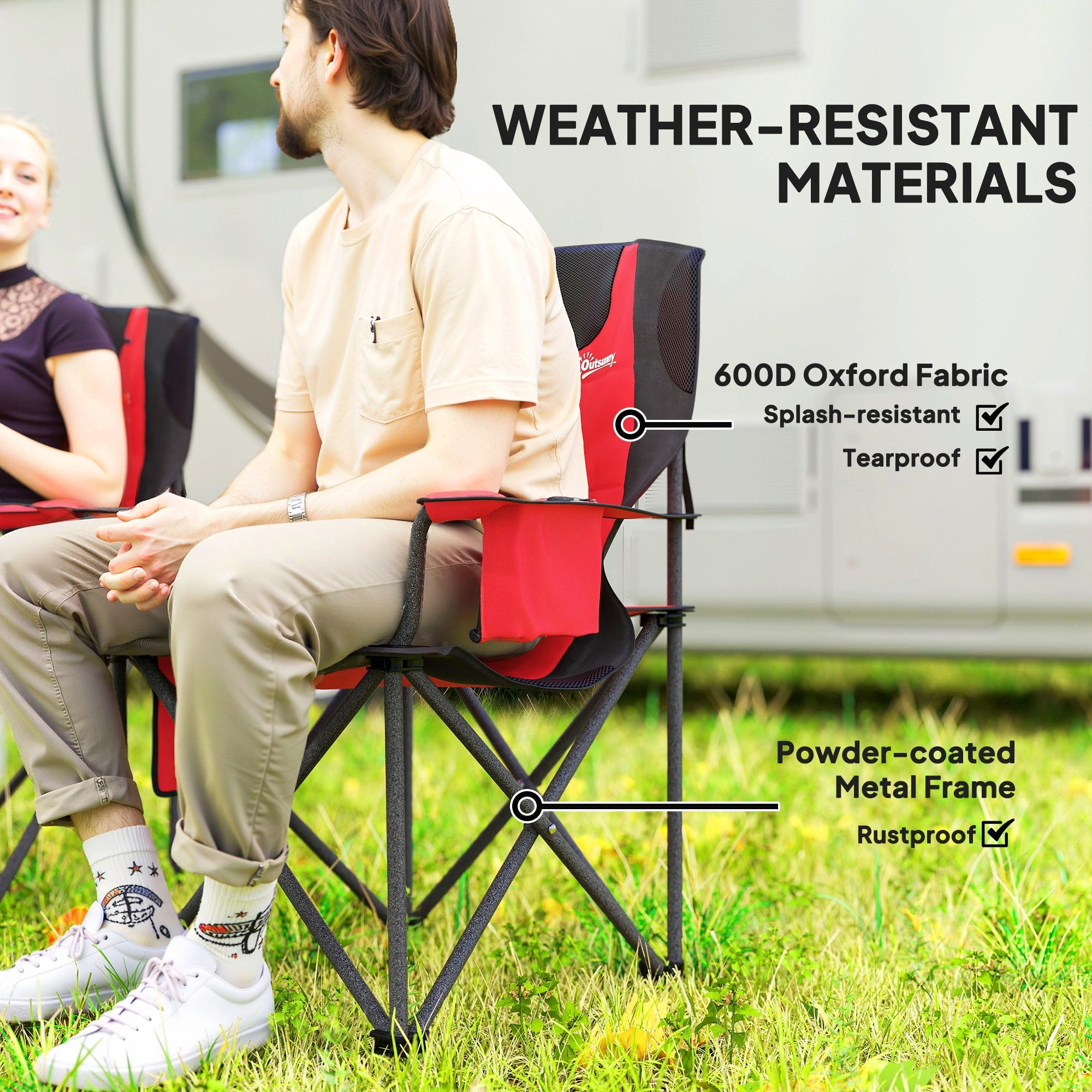 Outsunny Set of 2 Folding Camping Chairs, Padded Camping Chairs with Adjustable Armrests, Portable & Lightweight Folding Camp Chair with Cooler Bag, Cup Holder and Side Pockets, Red 