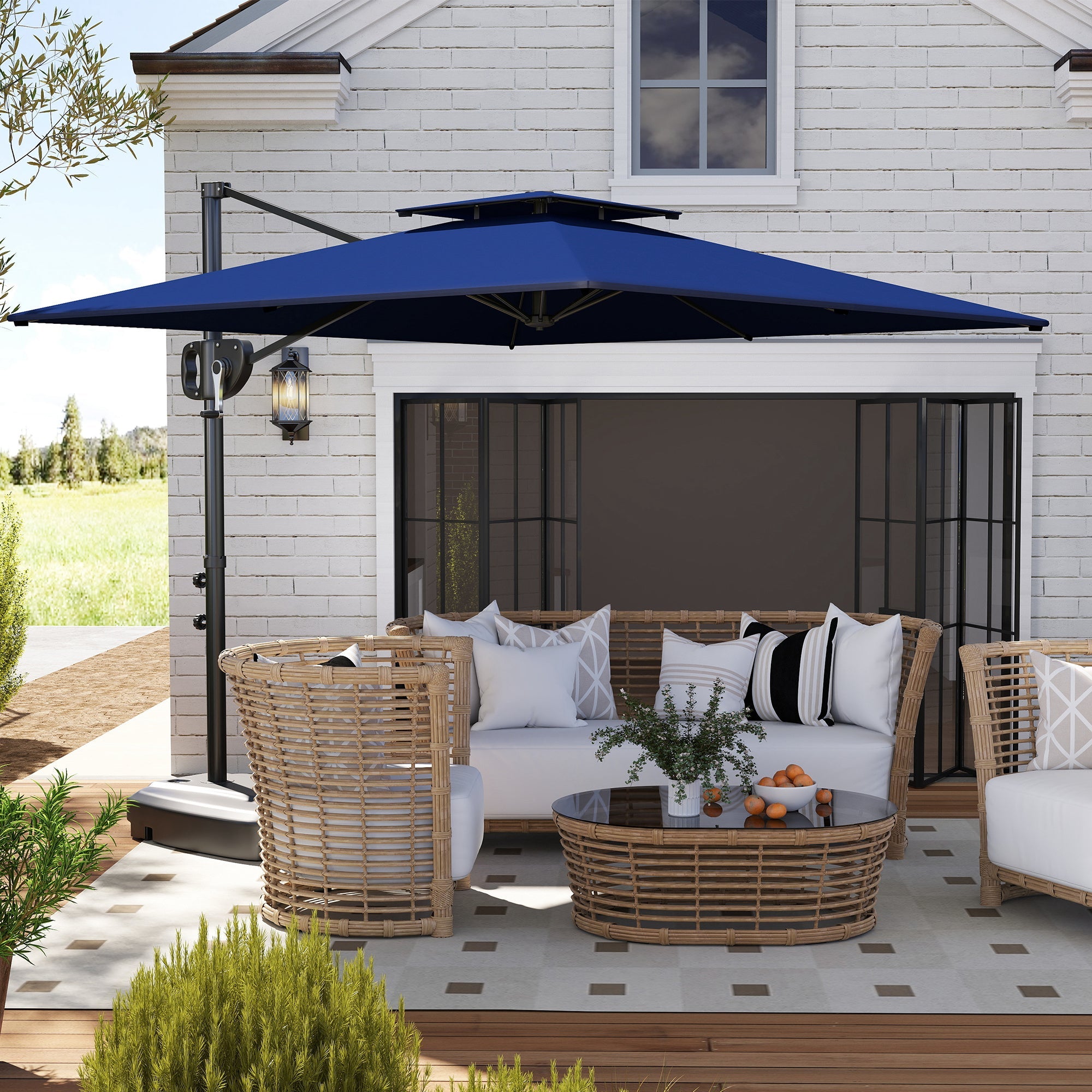 Outsunny Cantilever Parasol with Weighted Base Double Top Garden Parasol Square Hanging Patio Umbrella with Crank Tilt Dark Blue 