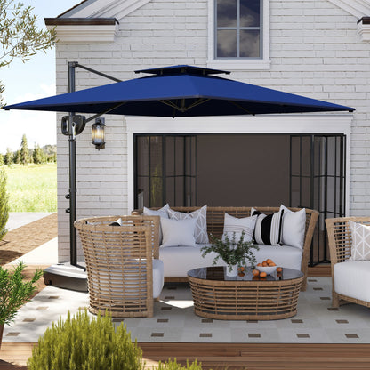 Outsunny Cantilever Parasol with Weighted Base Double Top Garden Parasol Square Hanging Patio Umbrella with Crank Tilt Dark Blue 
