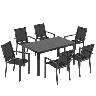 Outsunny Seven-Piece Garden Dining Set, with Plastic Wood-Top Table - Black 