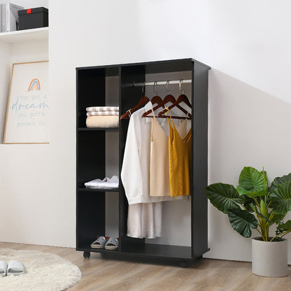 HOMCOM Open Wardrobe on Wheels, Bedroom Wardrobe with Clothes Hanging Rail, 3 Storage Shelves, Mobile Garment Rack for Cloakroom, Hallway, Black 