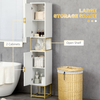 kleankin Narrow Bathroom Storage Cabinet, Freestanding Tallboy Storage Unit with Adjustable Shelf, 2 Doors and Steel Base, Slim Corner Organizer, White 
