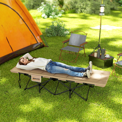 Outsunny Folding Camping Bed for Adults with Cushion, Heavy Duty Portable Travel Camping Cot with Headrest, Side Pocket and Non-Slip Foot Pads for Outdoor Beach Travel Office, Khaki 