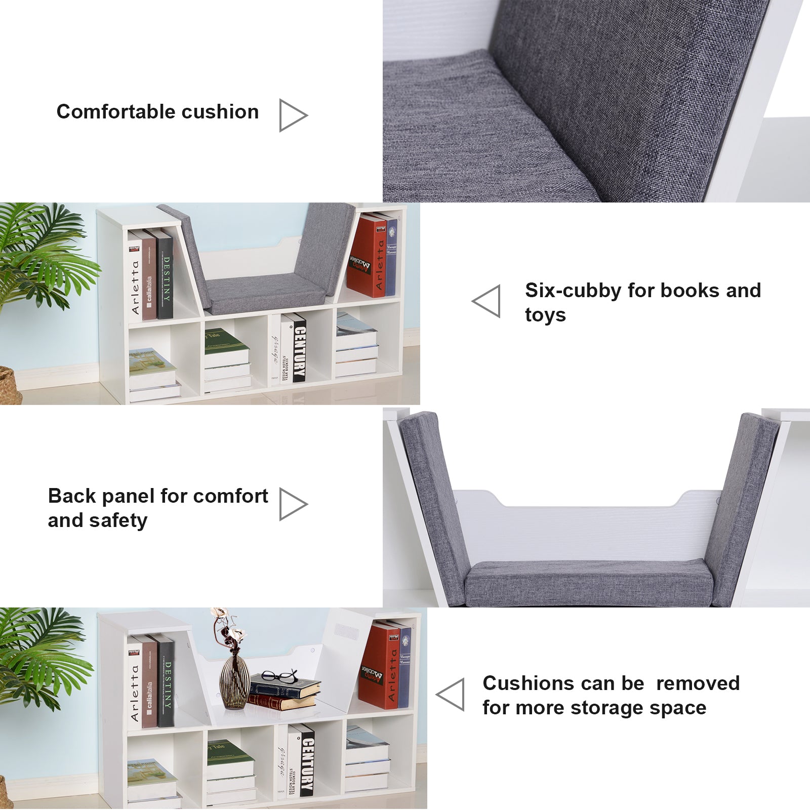 HOMCOM Bookcase Storage Shelf with Cushioned Reading Seat, Cube Bookshelf Organizer for Bedroom Living Room, White 