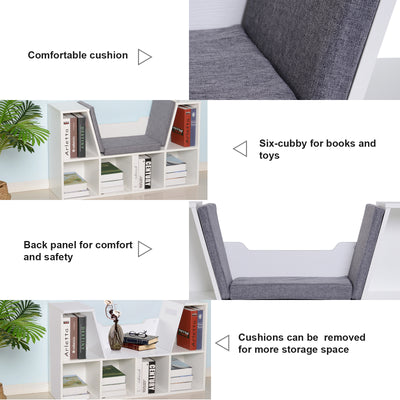 HOMCOM Bookcase Storage Shelf with Cushioned Reading Seat, Cube Bookshelf Organizer for Bedroom Living Room, White 