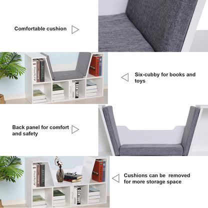 HOMCOM Bookcase Storage Shelf with Cushioned Reading Seat, Cube Bookshelf Organizer for Bedroom Living Room, White 