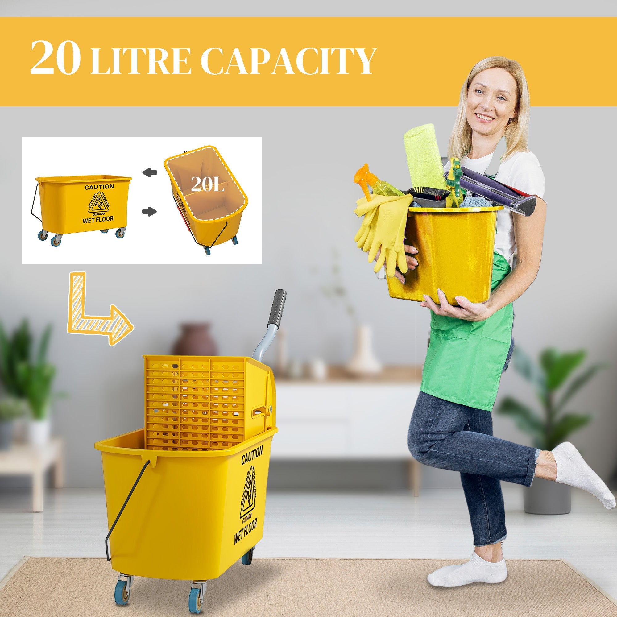 HOMCOM Mop Bucket with Wringer Set on Wheels for Floor Cleaning, 20 Litre Side Press Wringer with Handle and Mop, Yellow 