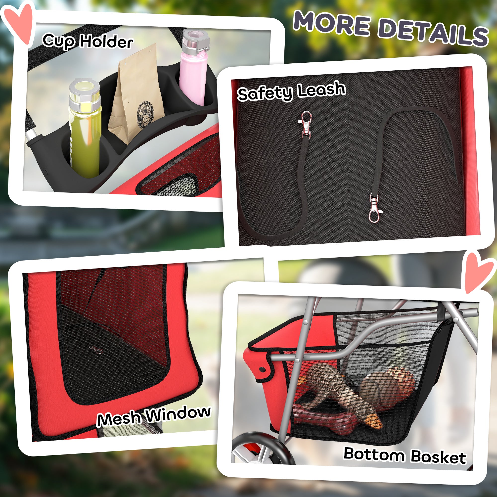 PawHut Dog Pram, Pet Stroller with Reflective Strips, Foldable Cat Stroller with 360° Swivel Wheels, Red