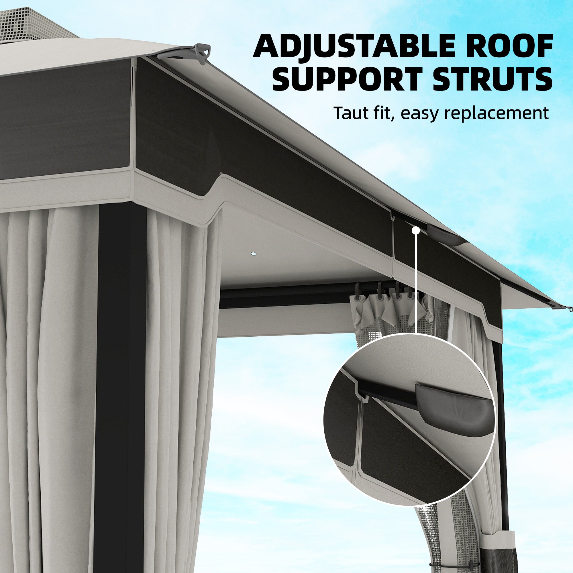 Outsunny 3 x 3.6 m Outdoor Garden Gazebo with Netting and Curtains, Double Roof Patio Gazebo Permanent Pavilion, Light Grey 