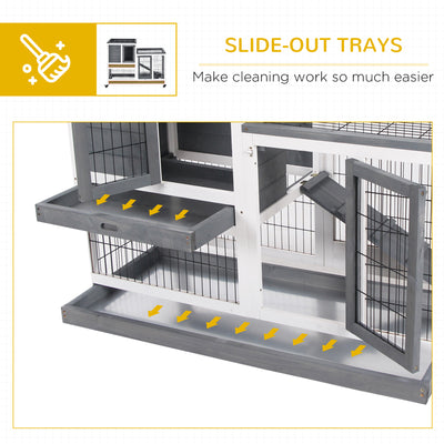 PawHut Wooden Indoor Rabbit Hutch Guinea Pig House Bunny Small Animal Cage W/ Wheels Enclosed Run 110 x 50 x 88 cm, Grey 