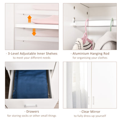 HOMCOM Modern Mirror Wardrobe 2 Door Storage Cupboards Home Storage Organisation Furniture with Adjustable Shelf, Hanging Rail and 3 Drawers, 180cm, White 