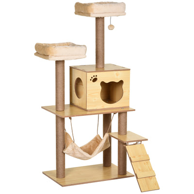PawHut 130cm Cat Tree for Indoor Cats, Multi-Level Plush Cat Tower, with Five Scratching Posts, Two Perches, Cat House, Hammock 