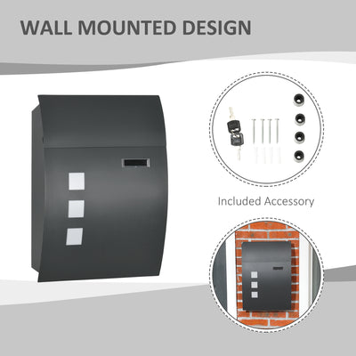 HOMCOM Wall Mounted Letter Box, Weatherproof Post Box for Outside Wall, Modern Mailbox with 2 Keys and Nameplate, Anthracite Grey 