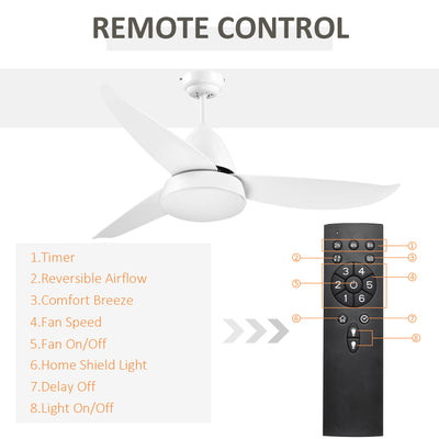 HOMCOM Reversible Ceiling Fan with Light, 3 Blades Indoor Modern Mount White LED Lighting Fan with Remote Controller, for Bedroom, Living Room, White 