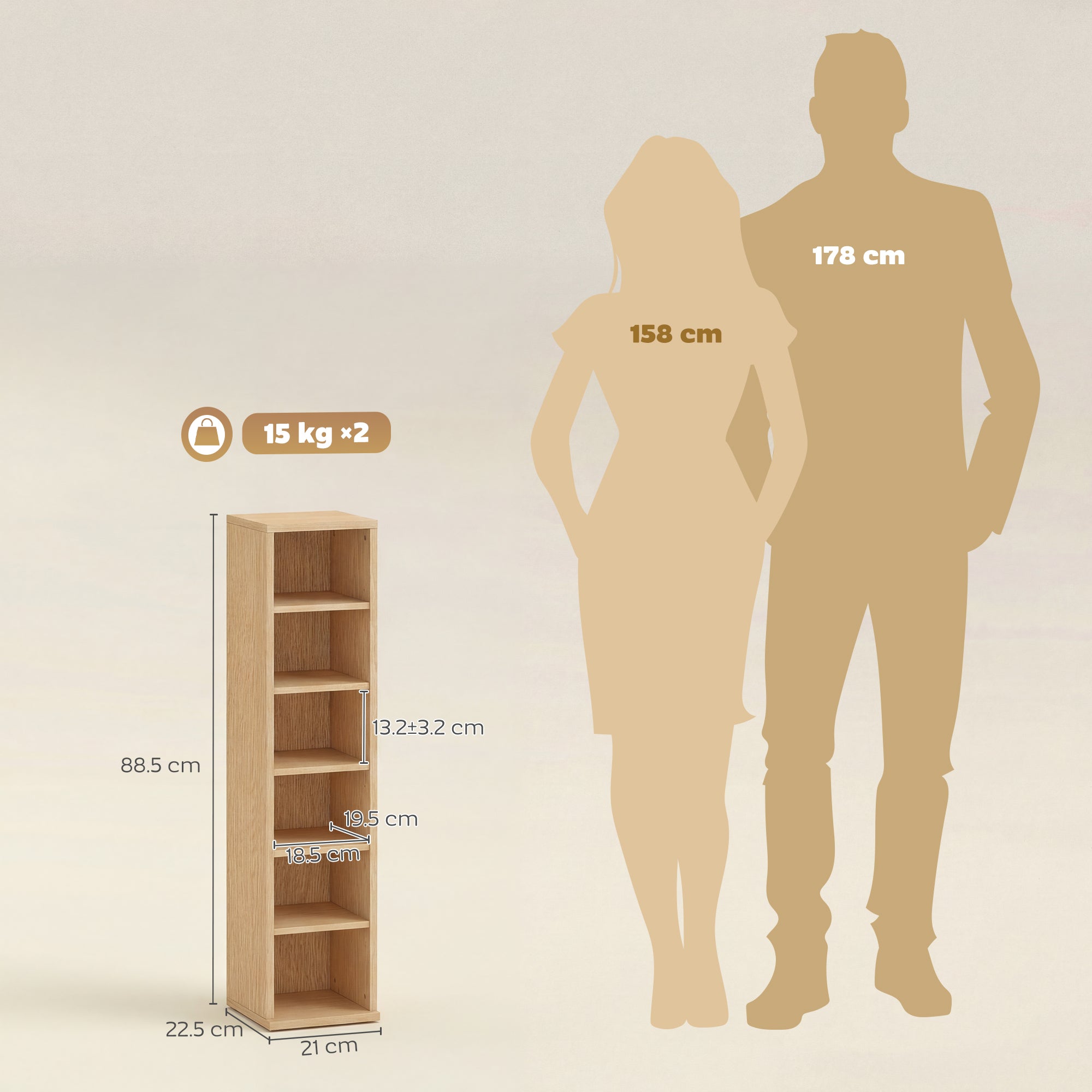 HOMCOM Set of 2 CD Media Display Shelf Unit Tower Rack with Adjustable Shelves, Natural 