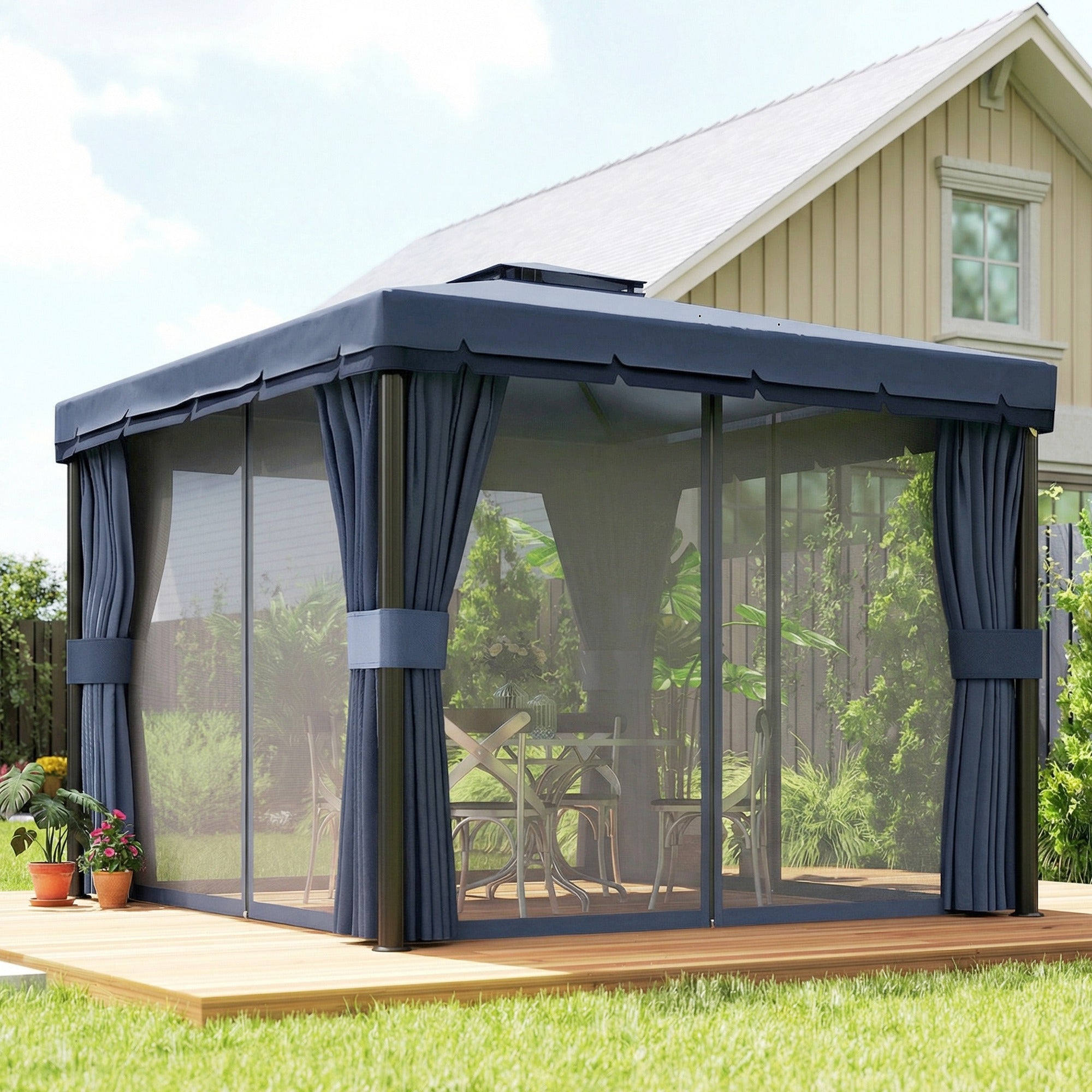 Outsunny 3 x 3(m) Patio Gazebo Canopy Garden Pavilion Tent Shelter Marquee with 2 Tier Roof, Netting and Curtains, Dark Blue 