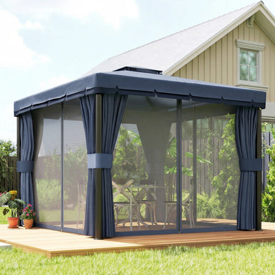 Outsunny 3 x 3(m) Patio Gazebo Canopy Garden Pavilion Tent Shelter Marquee with 2 Tier Roof, Netting and Curtains, Dark Blue 