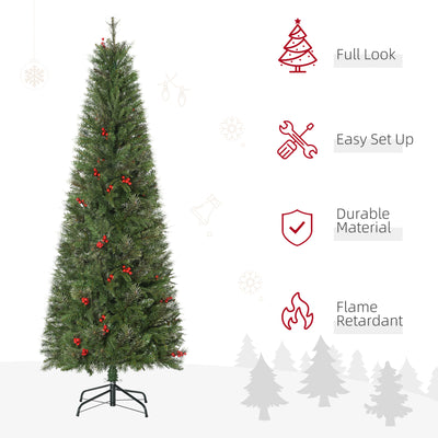 HOMCOM 6ft Pencil Artificial Christmas Tree with Realistic Branches, Red Berries, Auto Open, Green 