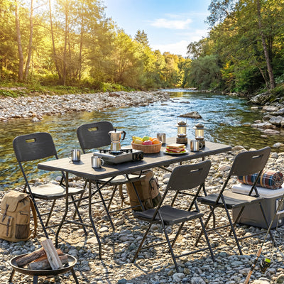 Outsunny 5 Piece 6ft Foldable Table and Chairs, Portable Picnic Table Set with 4 Chairs, Waterproof Top and Steel Frame, Black 