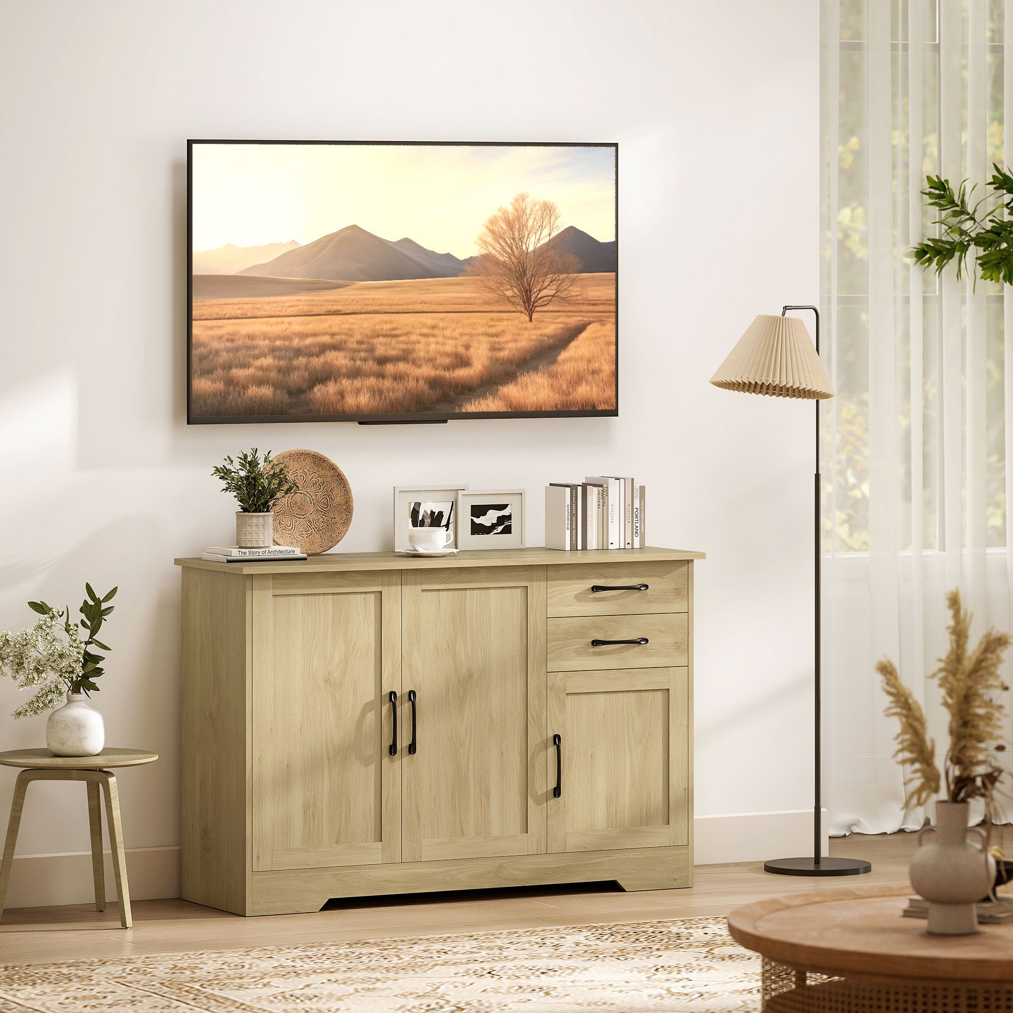 HOMCOM Sideboard with 2 Drawers Modern Storage Cabinet, Kitchen Cupboard with Adjustable Shelf and 3 Doors Natural 