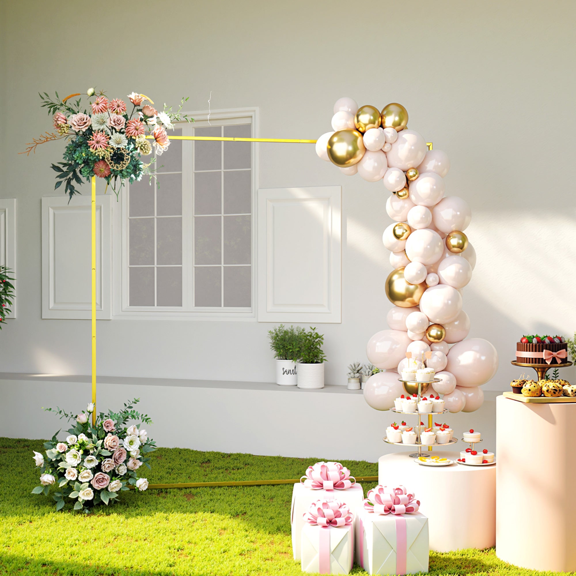 Outsunny Wedding Arch Backdrop Stand, Square Metal Arch Frame with U-shaped Stakes, Gold Wedding Arch, 6.6 FT 