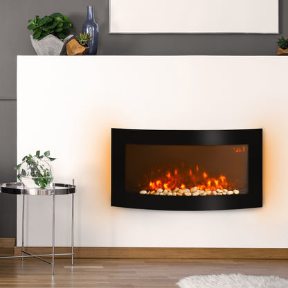 HOMCOM Led Wall Mounted Fireplace Curved Glass Electric Fire Place Fire Place 7 Colour Side Lights Slimline, 1000/2000W, 89.2cm x 48cm 