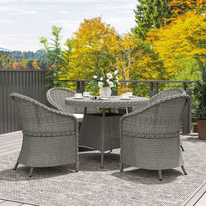 Outsunny 4 Seater Rattan Garden Furniture Set with Cushions, Round PE Rattan Dining Set with Glass-Top Table, Umbrella Hole, Outdoor Garden Table and Chairs, Grey 