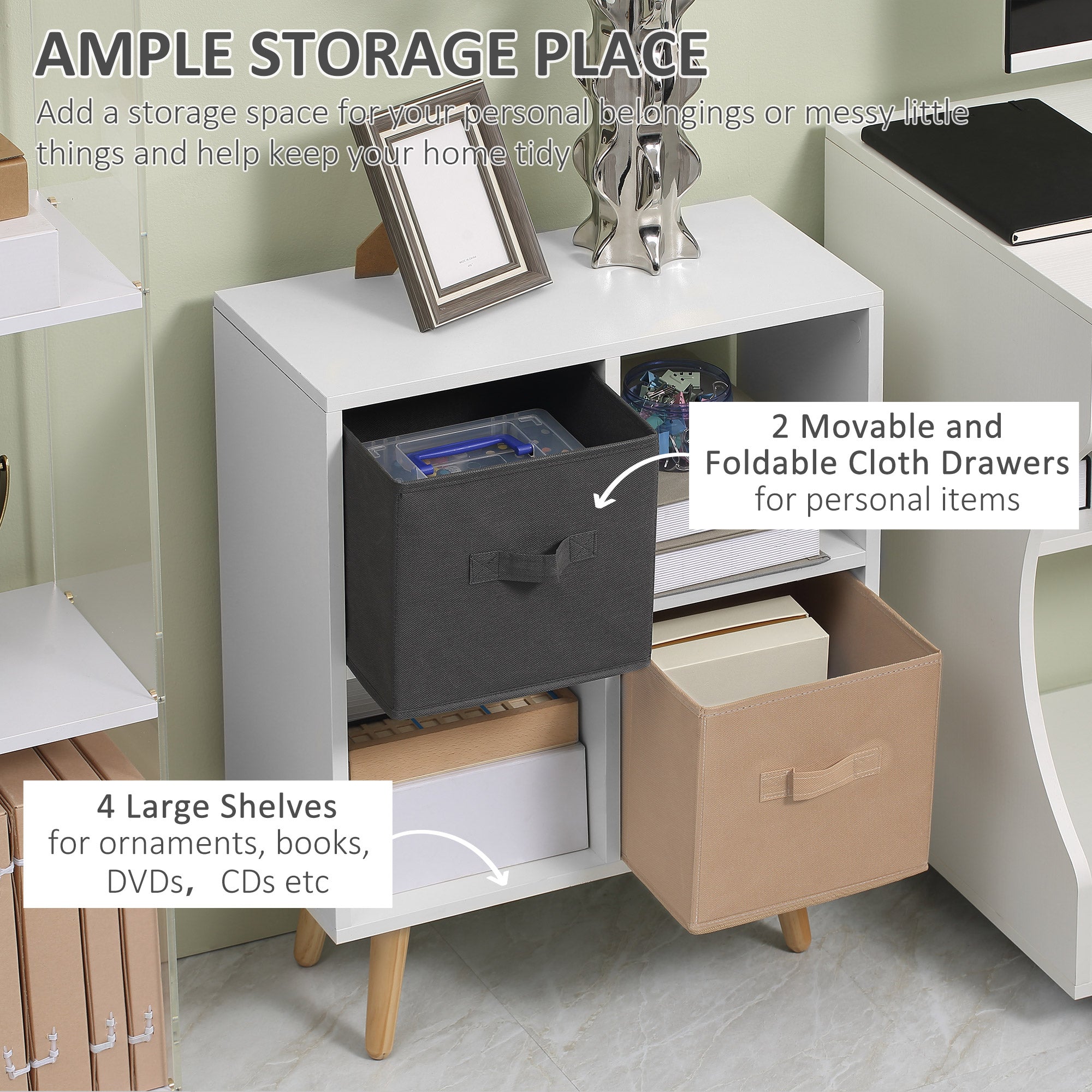 HOMCOM Freestanding 4 Cube Unit Cabinet Unit w/ 3 Fabric Drawers Handles Home Office Storage Shelves 