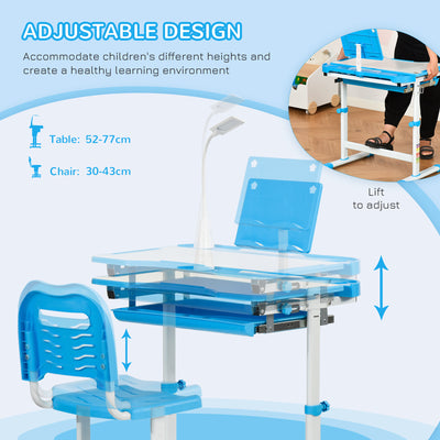 HOMCOM Kids Study Desk and Chair Set w/ Adjustable Height, Storage, Drawer, Blue 