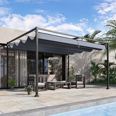 Outsunny 4 x 3(m) Metal Outdoor Pergola with Retractable Roof, Outdoor Gazebo Canopy Shelter with Drainage Holes for Garden, Patio, Lawn, Grey 