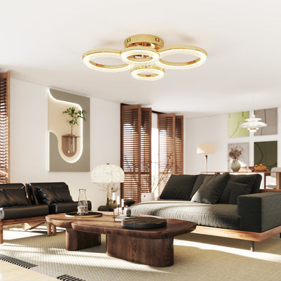 HOMCOM LED Ceiling Light, Modern Dimmable 4 Rings Ceiling Lamp with Wall Switch, 40W 4350lm Flush Mount Ceiling Light with 3500K/4500K/6000K Colour Temperatures for Living Room, Bedroom, Gold Tone 