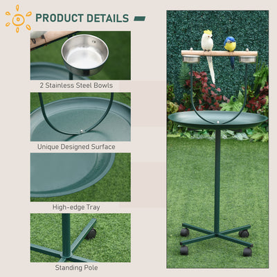 PawHut Bird Perch Stand with Perch, Four Wheels, Feeding Bowls for Small & Medium Birds, Green 