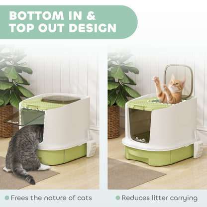 PawHut Cat Litter Box with Lid, Scoop, Deodorisation Bags, Top Entry, Green