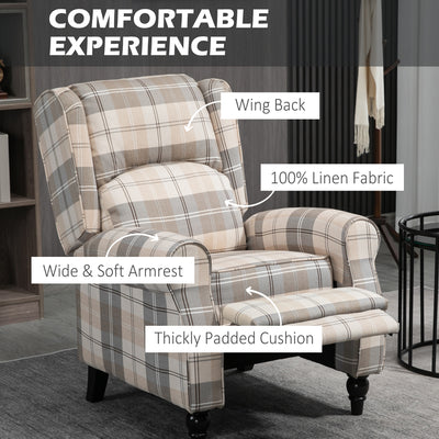 HOMCOM Wingback Recliner Armchair for Living Room, Pushback Reclining Chair with Round Armrests, Footrest and Rubber Wood Legs, Khaki 