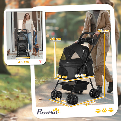 PawHut Dog Pram Dog Stroller Foldable Pet Pushchair with 4 Wheels, Safety Leashes, Cup Holder for Small Dogs, Black 