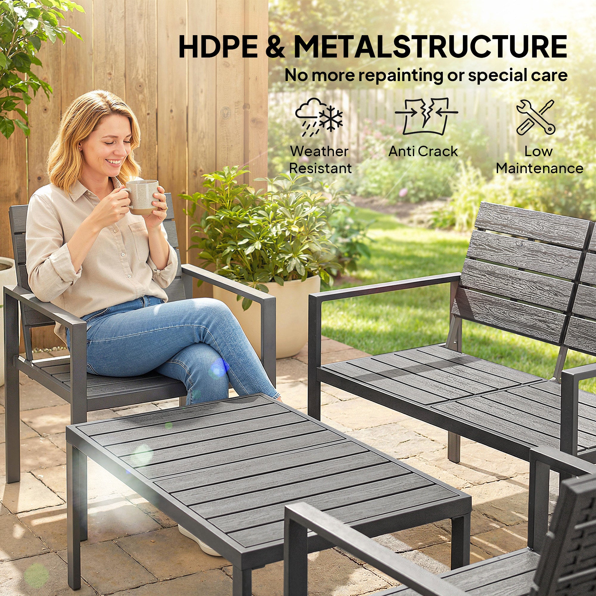 Outsunny 4 Piece Garden Furniture Set, Outdoor Sofa Set with HDPE Slatted Loveseat Armchairs Coffee Table Metal Frame, Dark Grey 