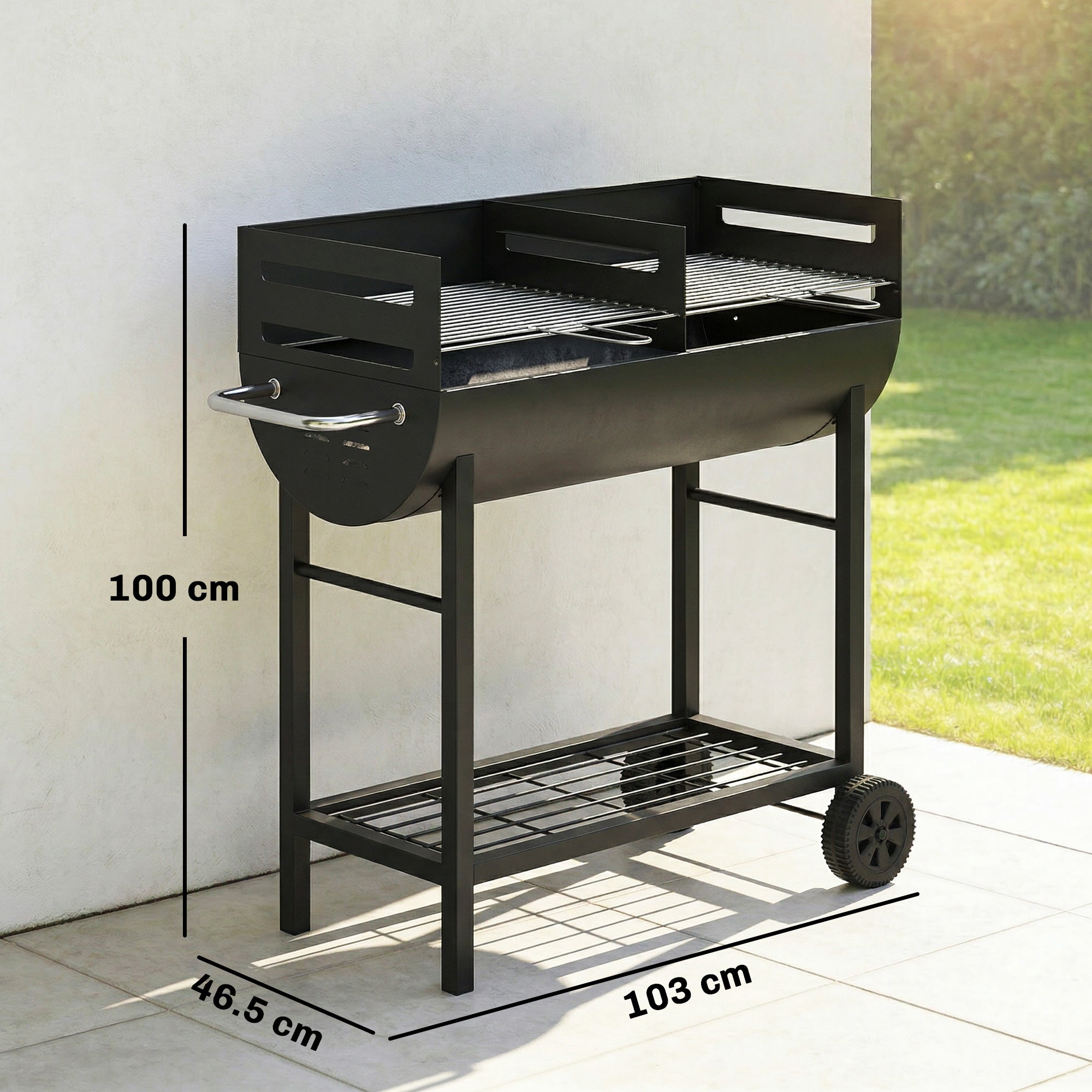 Outsunny Charcoal Barbecue Grill with 2 Cooking Areas, Portable BBQ Trolley with Wheels, Height Adjustable Grates, Bottom Shelf 