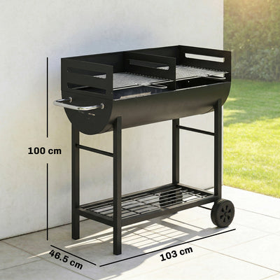 Outsunny Charcoal Barbecue Grill with 2 Cooking Areas, Portable BBQ Trolley with Wheels, Height Adjustable Grates, Bottom Shelf 