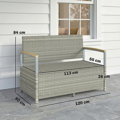 Outsunny 170 L Garden Storage Bench with Zipped Liner, 2 Seater Rattan Garden Bench with Storage, Gas Strut, Cushion, Light Grey