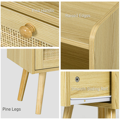 HOMCOM Set of Two Rattan Weave Bedside Tables - Wood Effect 