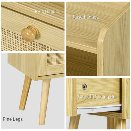 HOMCOM Set of Two Rattan Weave Bedside Tables - Wood Effect 