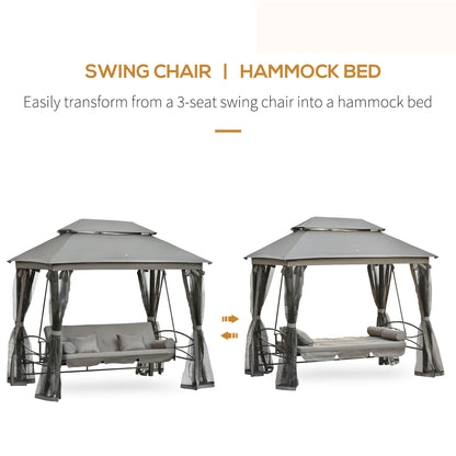 Outsunny 3 Seater Swing Chair 3-in-1 Convertible Garden Swing Seat Bed Gazebo Patio Bench Outdoor with Double Tier Canopy, Cushioned Seat, Mesh Sidewalls, Grey 