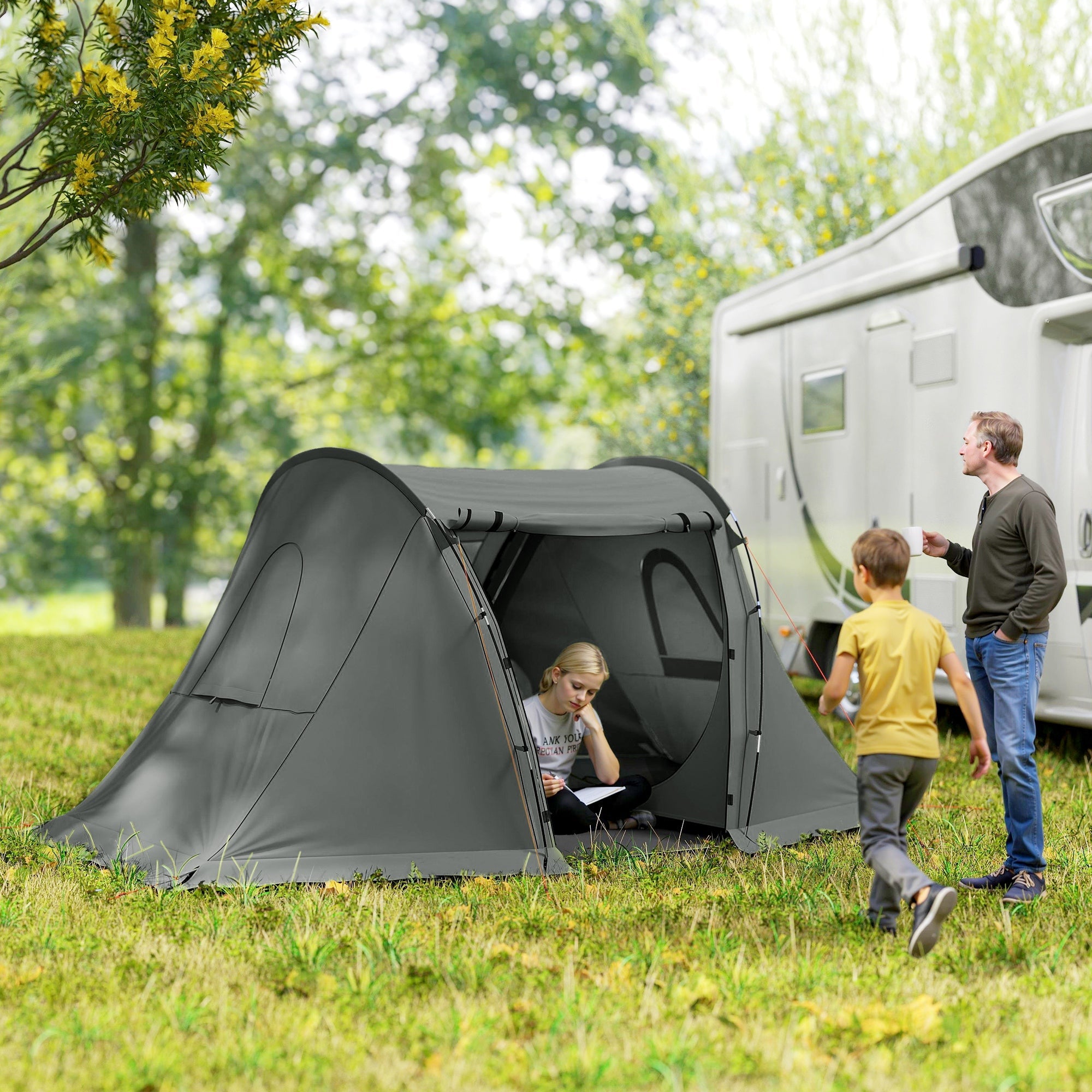 Outsunny 3 Man Camping Tent with Living Area and 2 Bedrooms, 3000mm Waterproof Family Tent with Sewn-in Groundsheet, Portable with Bag for Hiking, Festival, Backpacking, Drak Grey 