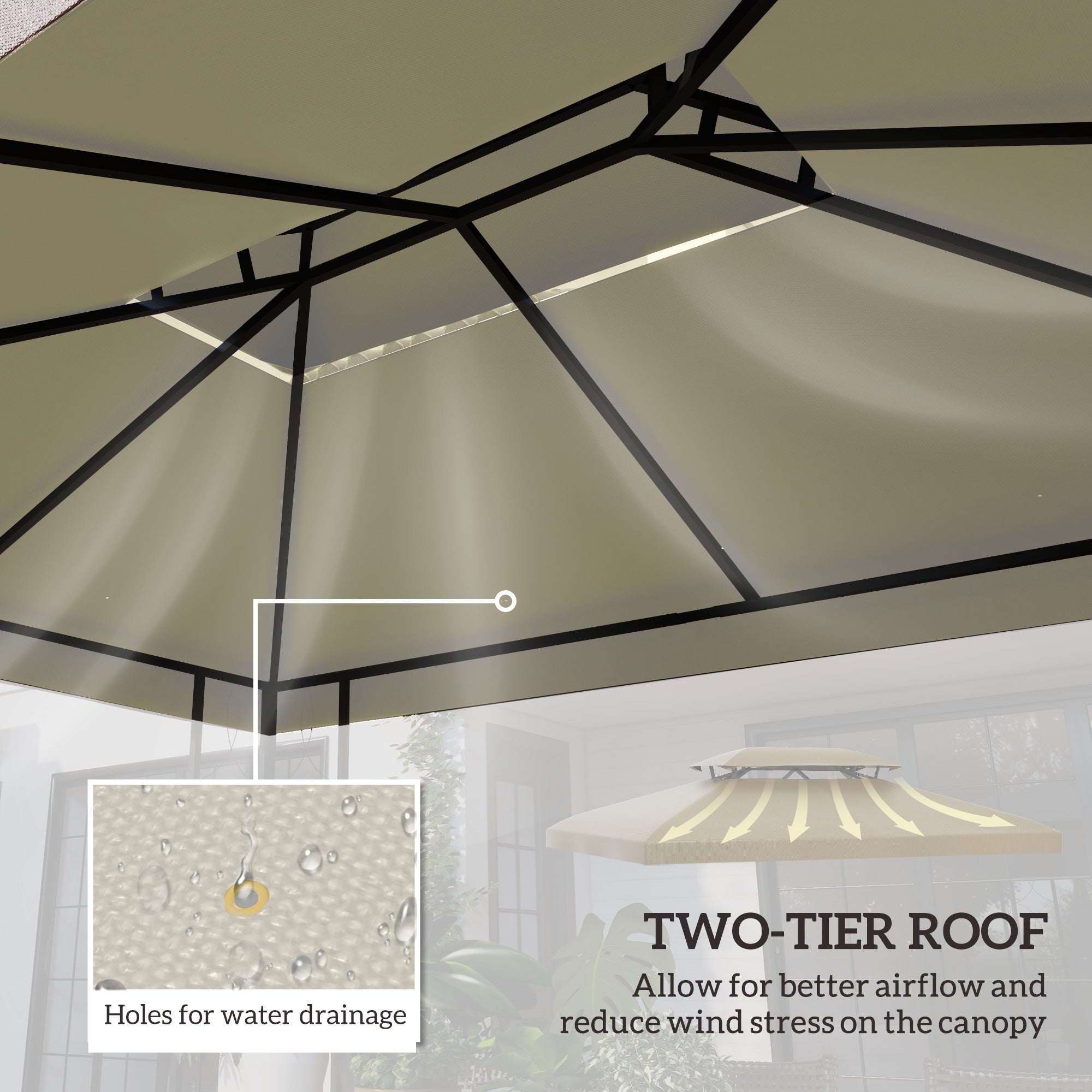Outsunny 3x4m Gazebo Replacement Roof Canopy 2 Tier Top UV Cover Garden Patio Outdoor Sun Awning Shelters Cream (TOP COVER ONLY) 