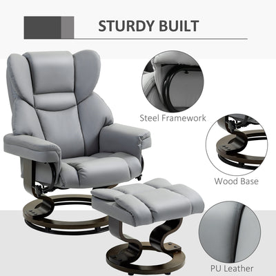 HOMCOM Faux Leather Recliner Chair and Footstool, Swivel Upholstered Armchair and Footstool with Adjustable Backrest, Solid Wood Base for Living Room, Light Grey 