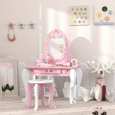 AIYAPLAY Kids Dressing Table Set, Vanity Table with Stool, Mirror, Drawer, Desktop Storage, Ballet Theme, Pink 