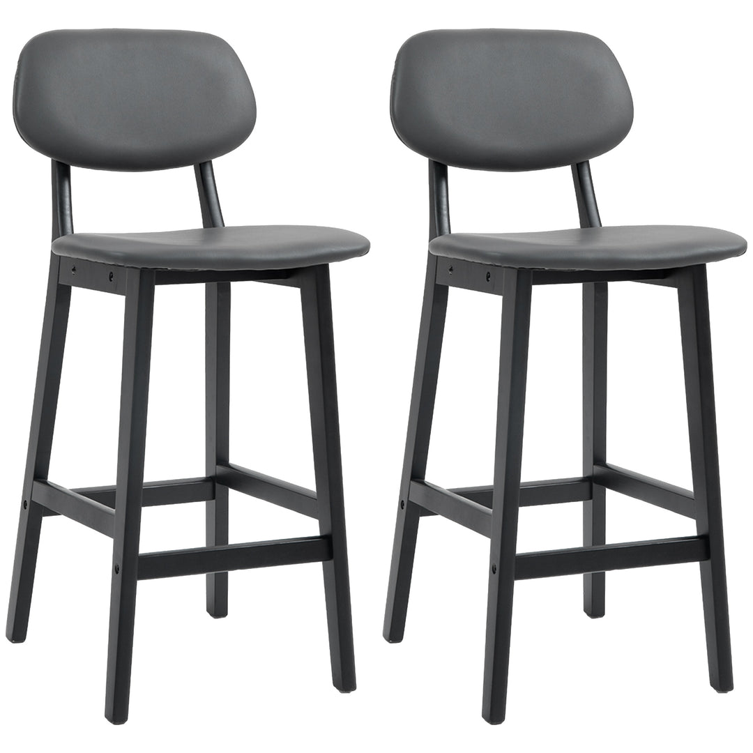 HOMCOM Bar Stools Set of 2, Contemporary Breakfast Bar Chairs, Faux Leather Upholstered Kitchen Stools with Backs and  Solid Wood Legs, Dark Grey 